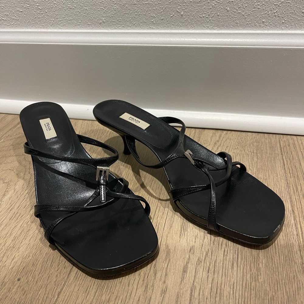 Prada Black Strappy Buckle Kitten Heels
